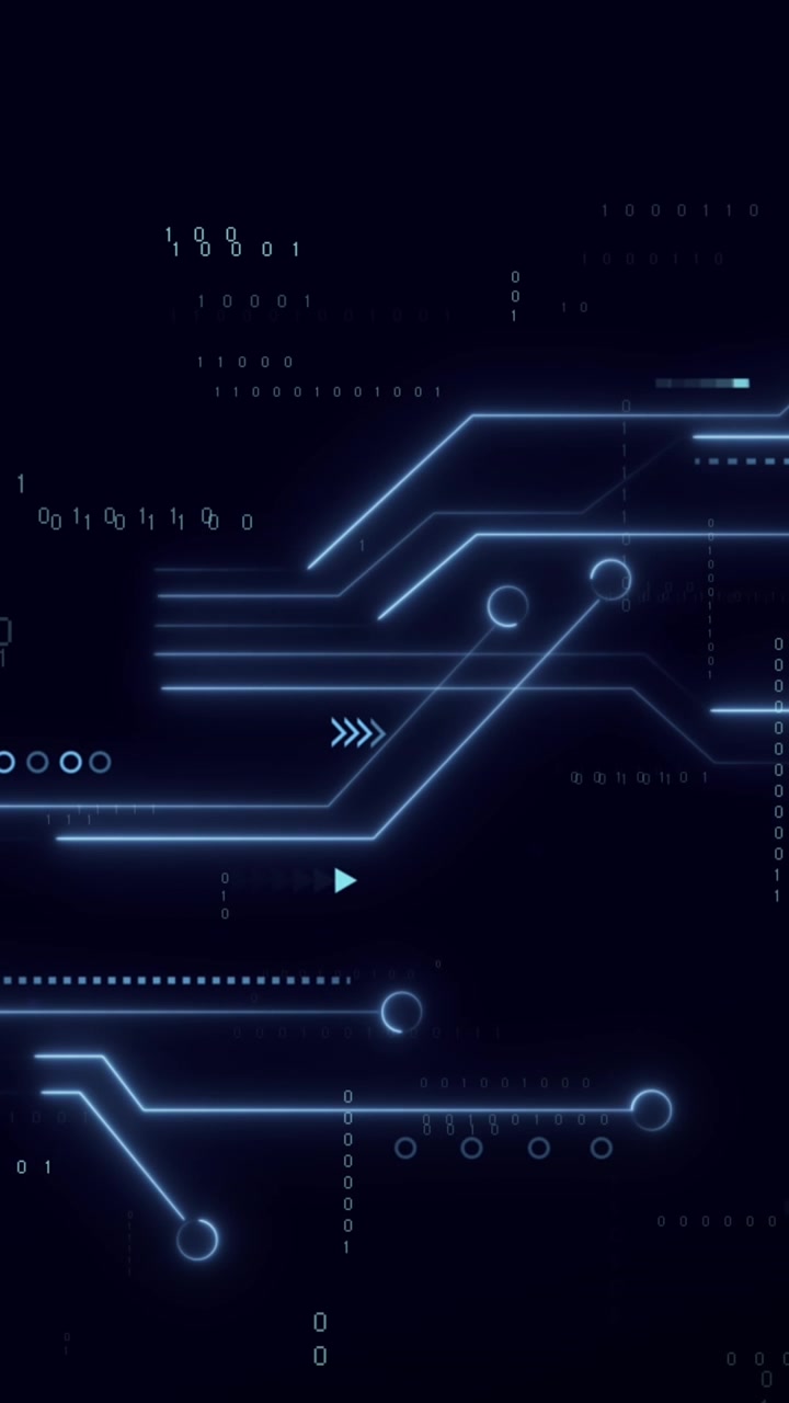 Animation of circuit board pattern over binary codes and connected dots on black background