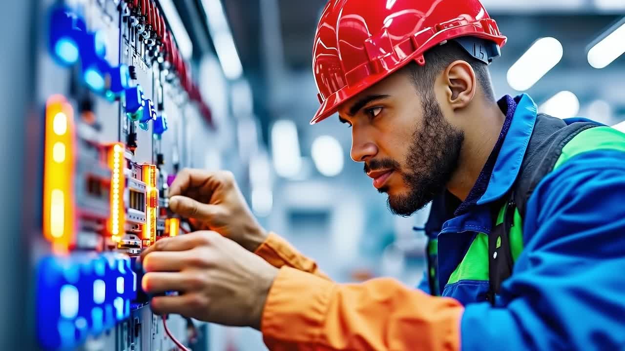 A man in a red hard hat working on an electrical panel