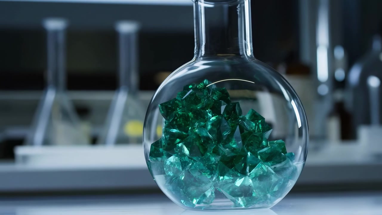 Round-bottom laboratory flask filled with clustered faceted green crystalline fragments resting on reflective white bench, viewed in close-up with cool directional highlights and sterile scientific