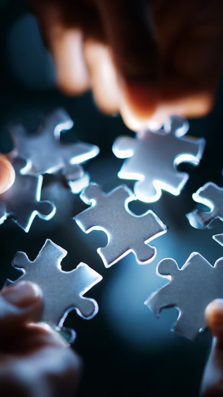 Hands Joining Puzzle Pieces Together, Symbolizing Collaboration, Problem-Solving, and Teamwork in a Creative, Abstract Light Setting with Soft Focus