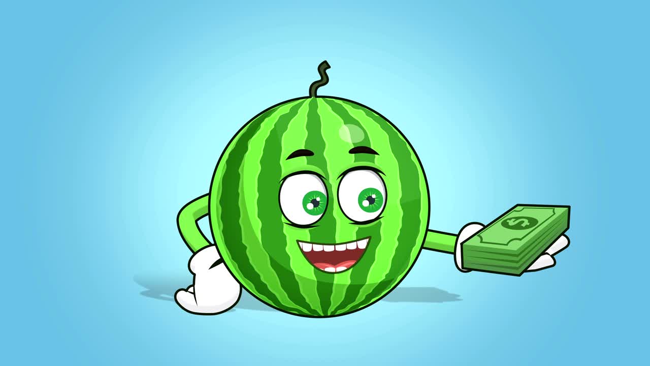cara de sandía de dibujos animados dinero en la mano con alfa mate