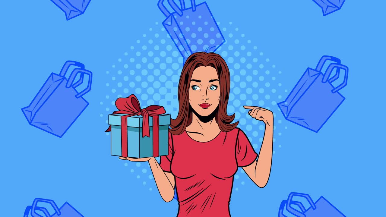 mujer hermosa con bolsas de compras y regalo estilo pop art