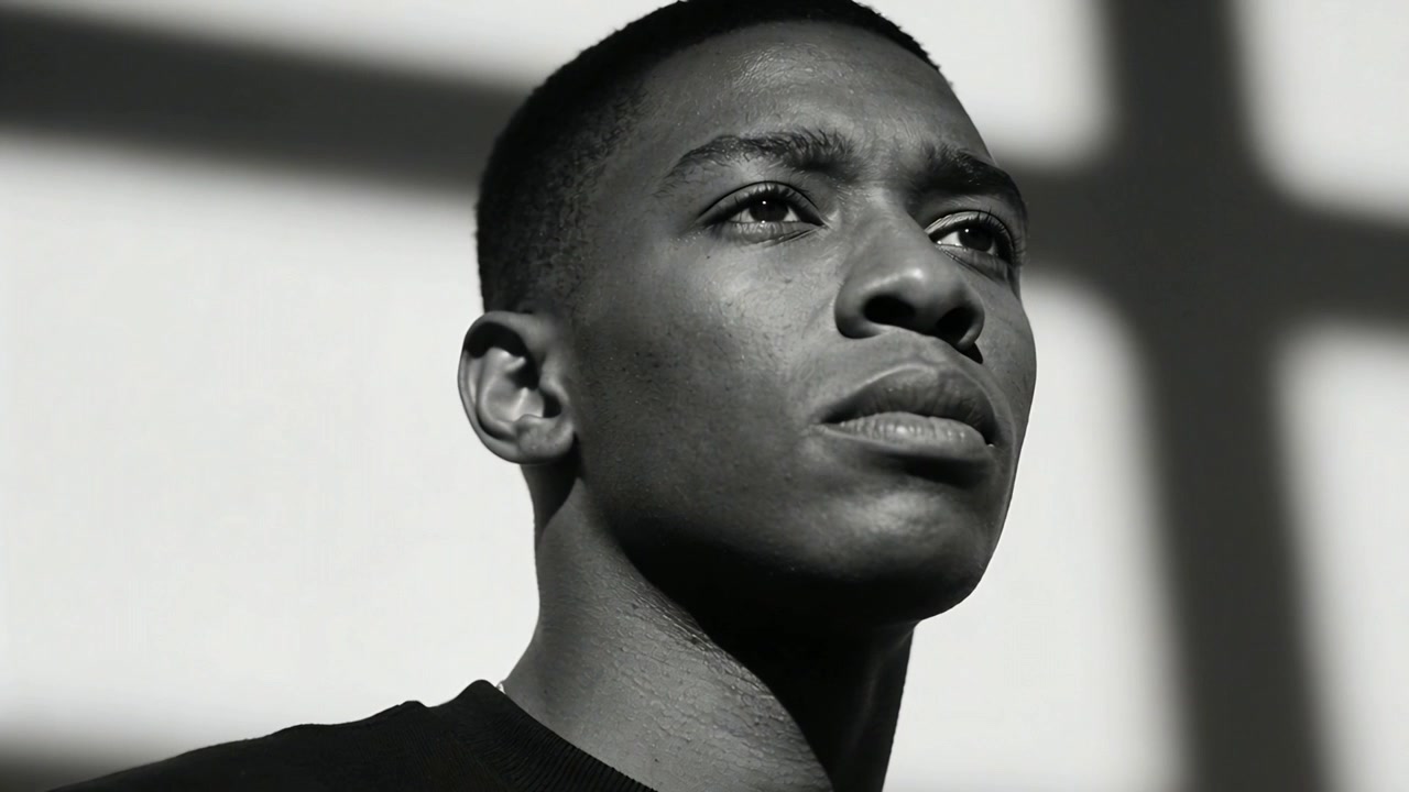 Facing on set, man narrowing eyes, tilting head thinking in studio with cross shadow