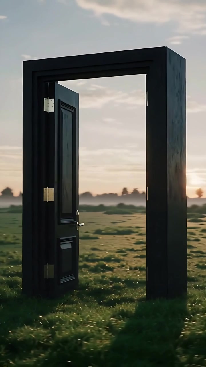 Vertical video: Swinging dark door frame revealing low sun over dewy meadow, showing hinges