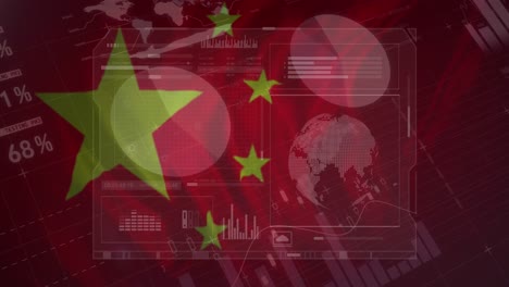 Animation-of-financial-data-and-graphs-on-screens-over-flag-of-china