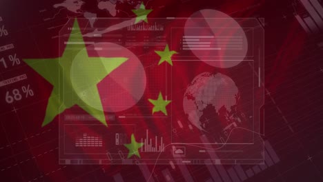 animation of financial data and graphs on screens over flag of china