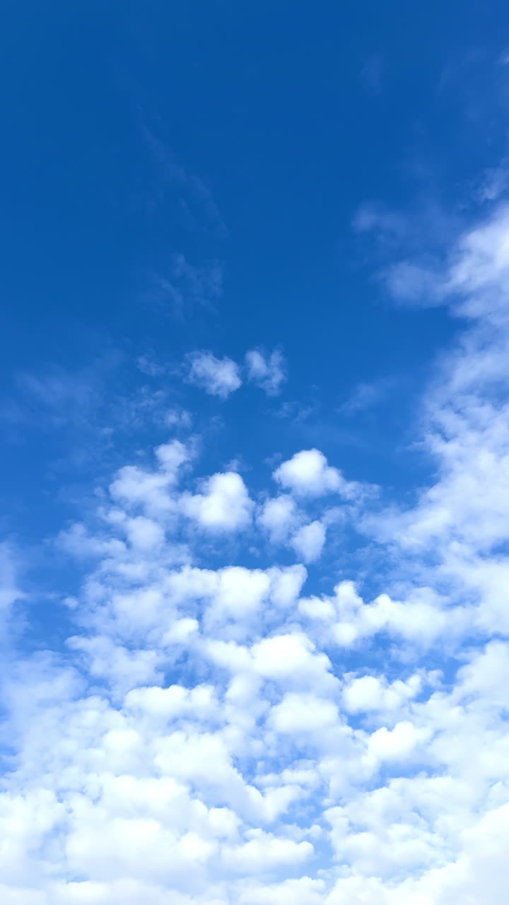 Little fluffy white clouds float slowly by the sky. Low angle view at the cloudscape in atmosphere. Vertical video.