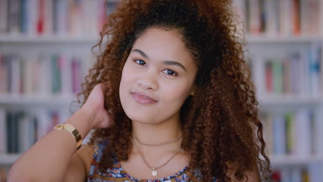 student face, shy and flirt in a library