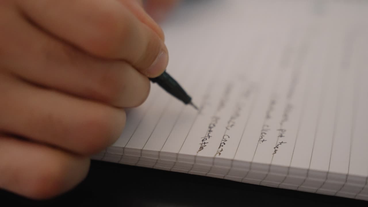 Extreme close up of a man writing on a notebook with a black pen