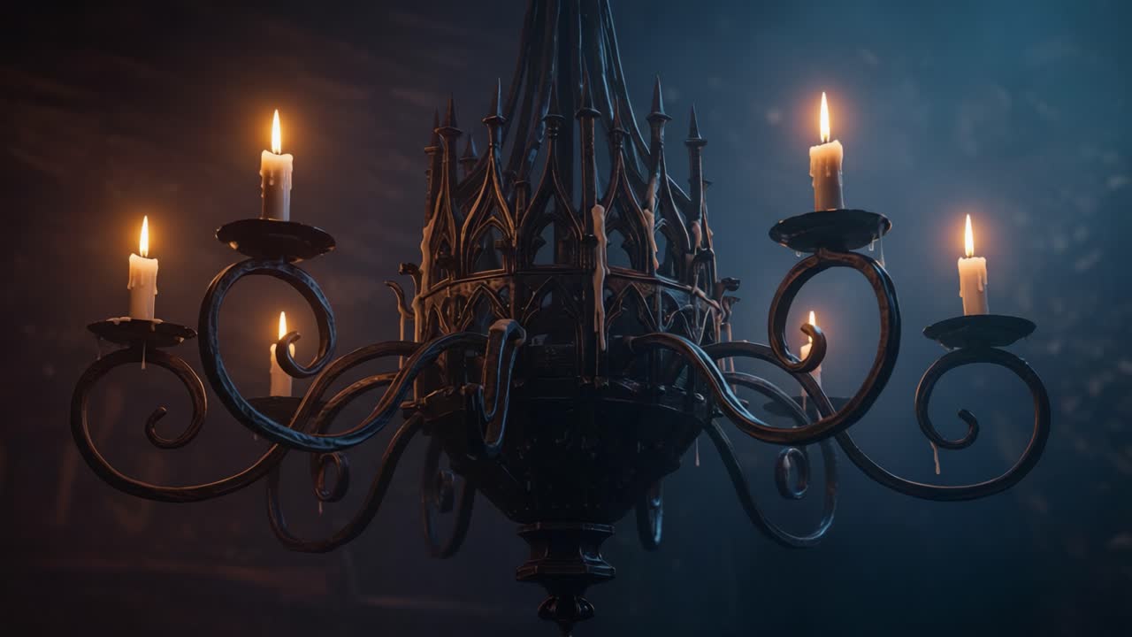A Stunning Close-Up of an Ornate Chandelier Casting Soft Light with Flickering Candles, Perfectly Capturing Elegance and Ambiance in a Dimly Lit Setting