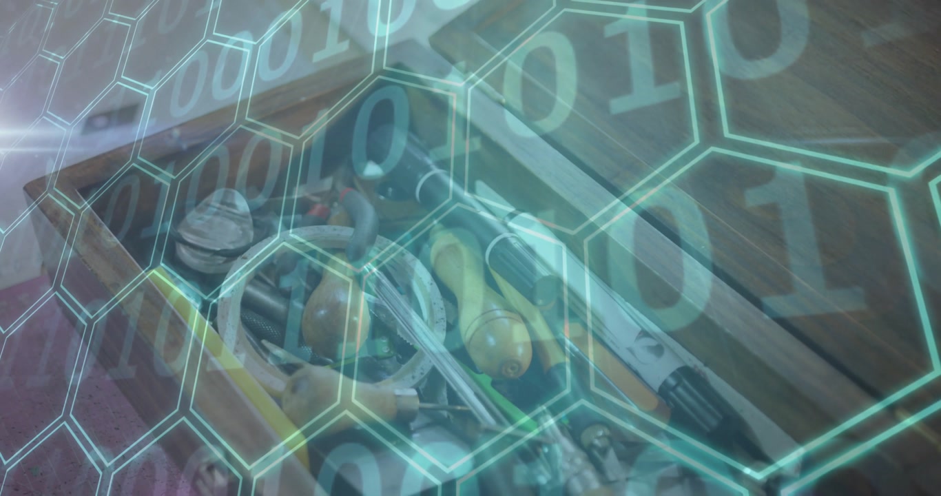 Toolbox drawer receiving technology scanning hex grid and binary overlay while camera panning