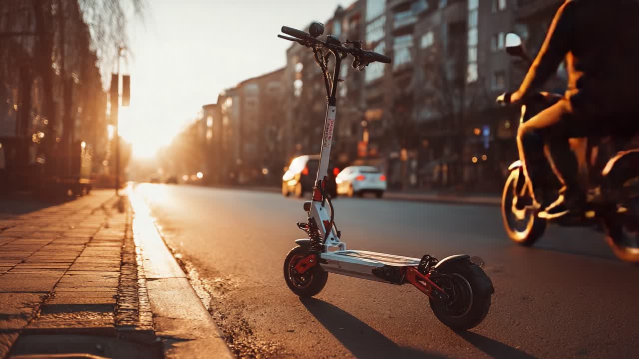 Un paseo al atardecer: un elegante patinete eléctrico aparcado en una calle de la ciudad al anochecer, capturando el vibrante brillo de las luces nocturnas y el estilo de vida urbano.