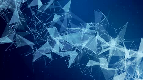 blue abstract digital concept of geometrical figures: polygon plexus fractals moving, connecting between themselves and with particles. triangular technological concept. seamless loop animation