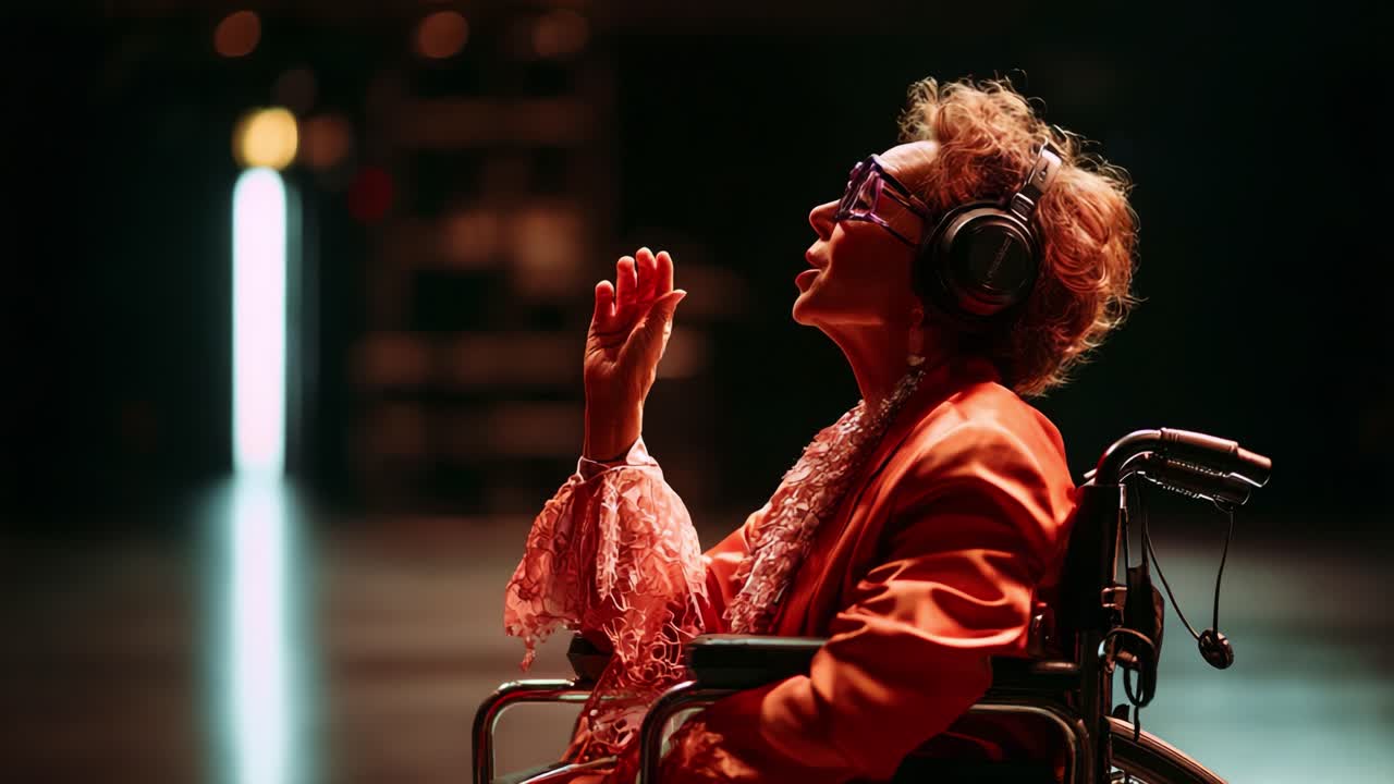 A thought-provoking moment captured in a vibrant setting, showcasing the unique perspective of an elderly woman in a wheelchair expressing herself through gestures