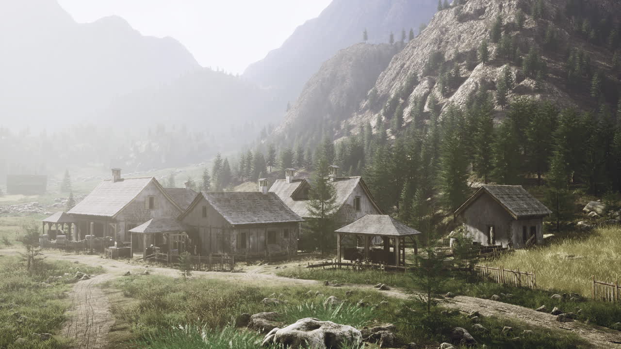 Rustic mountain village surrounded by misty mountains and tall trees