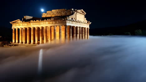 ancient temple in the fog at night
