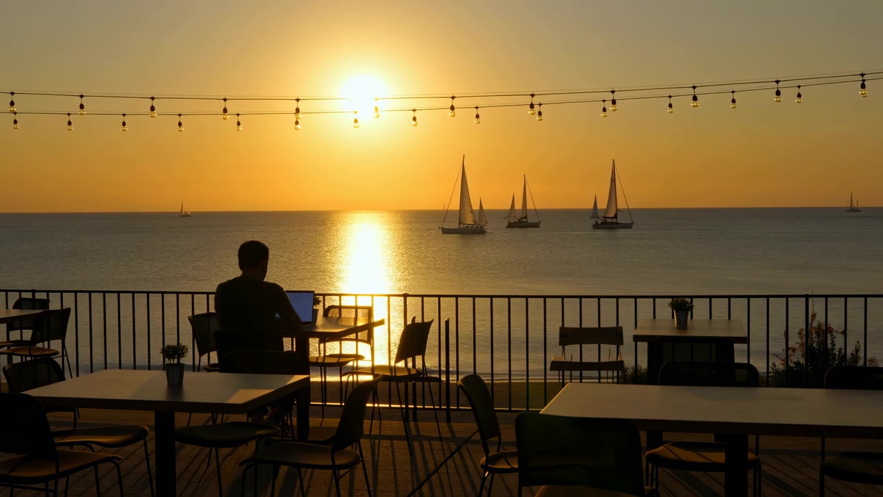 La calda luce della sera illumina un oceano tranquillo con diverse barche a vela vicino all'orizzonte, vista da una terrazza scura con tavoli, sedie e ringhiera in silhouette