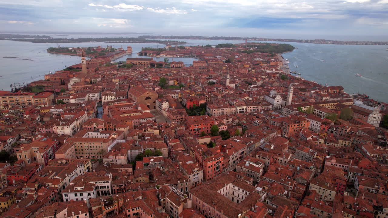 Medieval urban architecture in Venice city. Drone view.