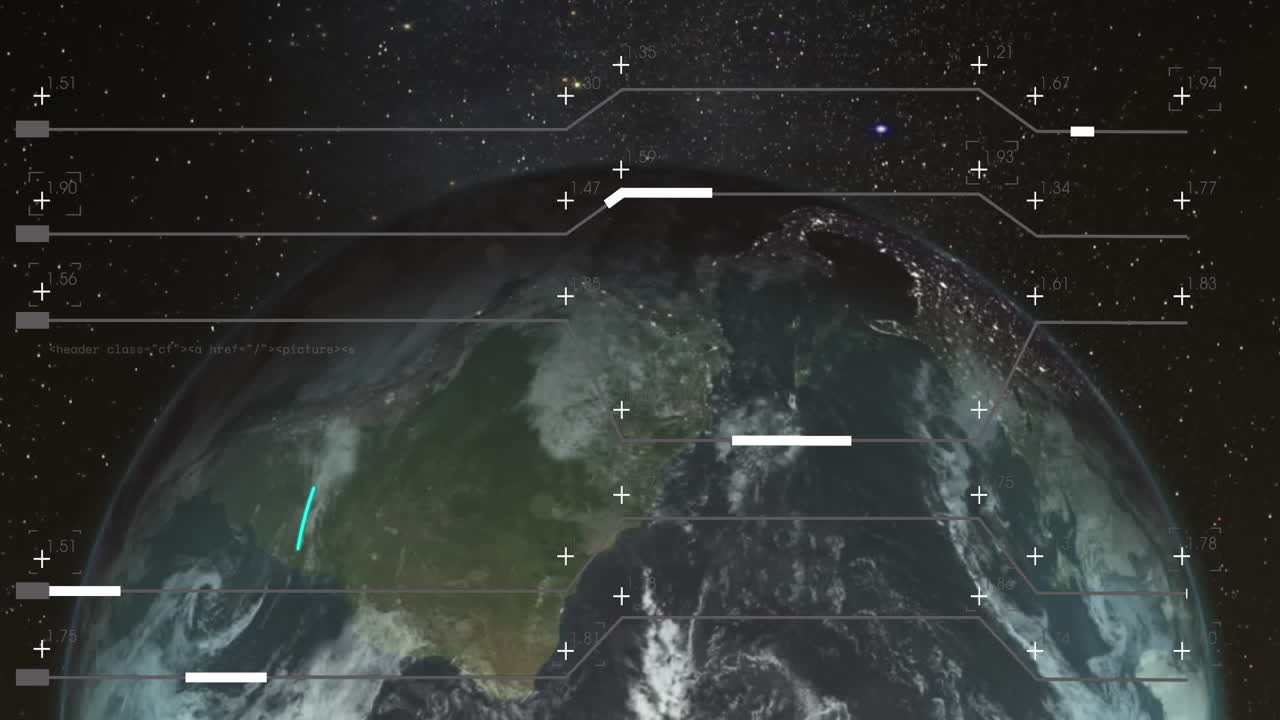 Animation of interface with data processing over spinning globe against black background