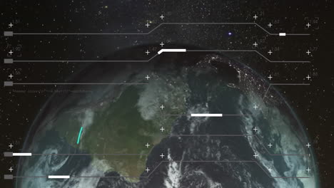 animación de la interfaz con el procesamiento de datos sobre un globo giratorio contra un fondo negro