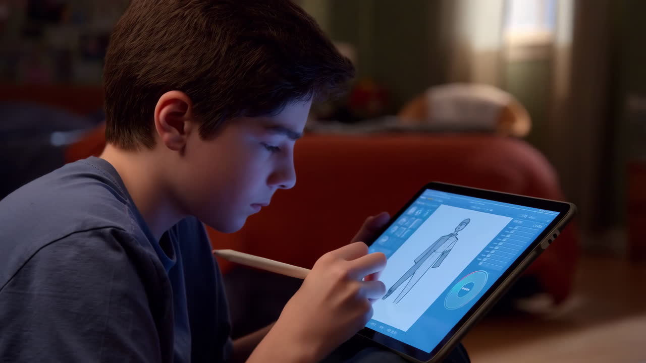 Young Boy Focused on Digital Drawing with a Stylus on a Tablet