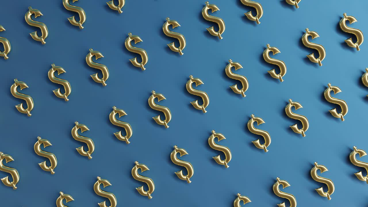 Animazione rendering 3D: simbolo del dollaro USD dorato su sfondo blu