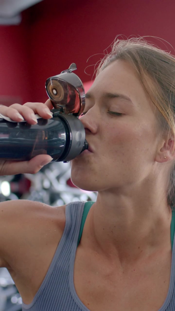 Video verticale: Donna in palestra che beve da uno shaker con tappo a scatto, dissetandosi dopo l'allenamento.
