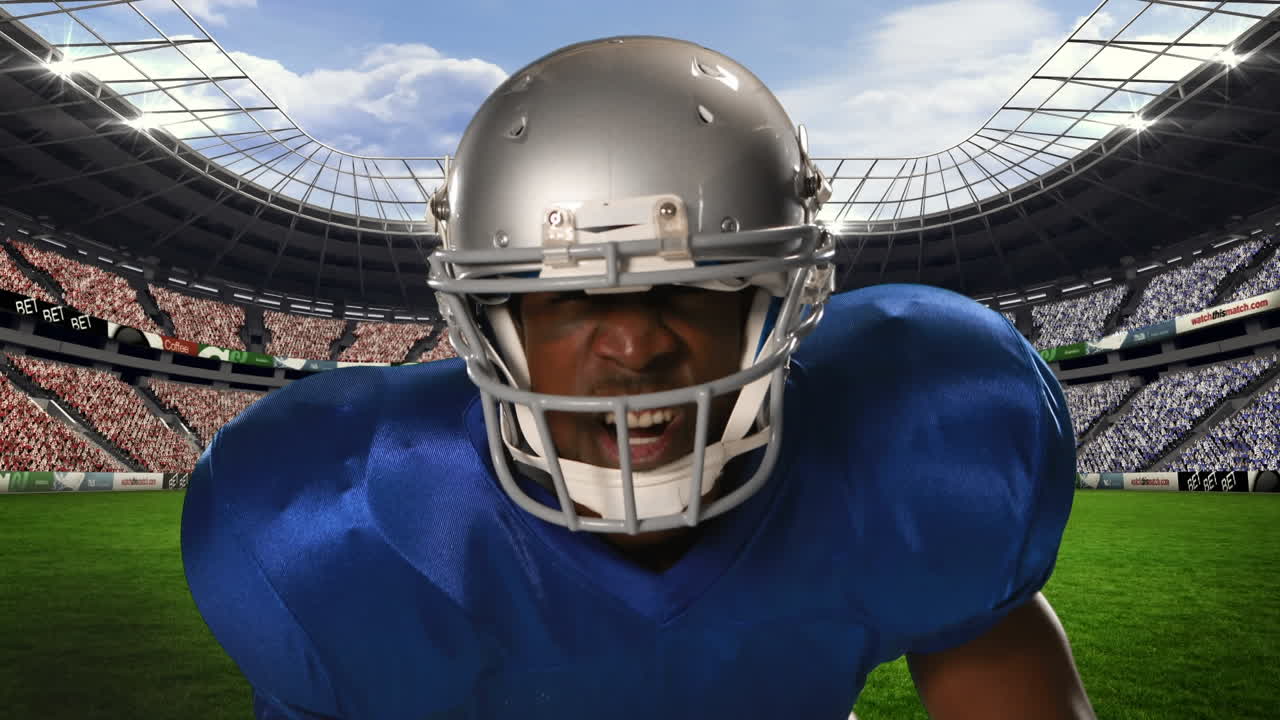 Animazione di un giocatore di football americano su uno stadio sportivo