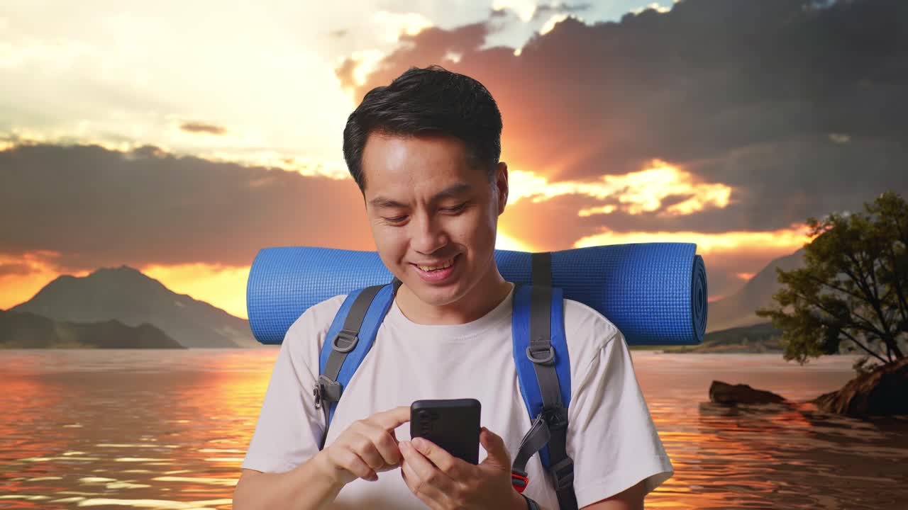 Close Up Of Asian Male Hiker With Mountaineering Backpack Enjoy Using Smartphone At A Lake
