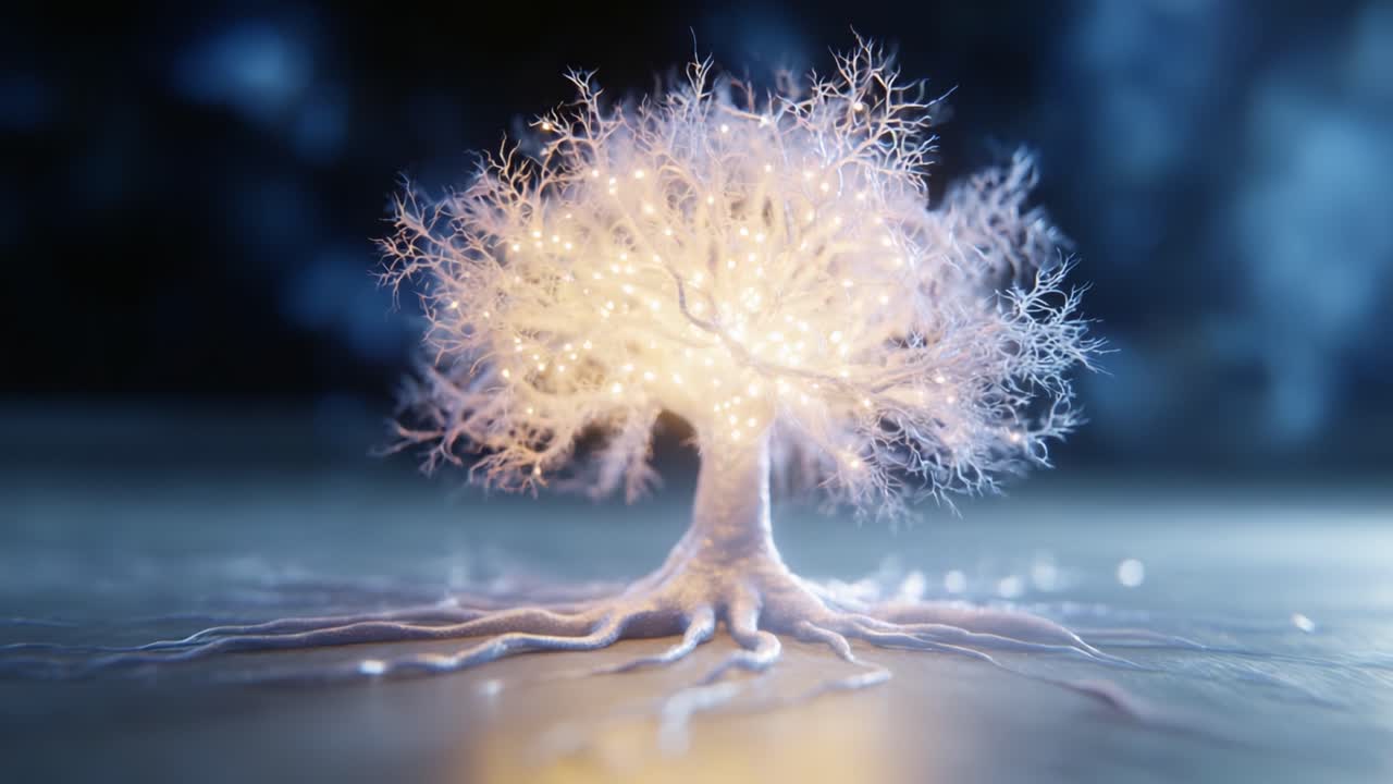 Une transformation visuelle époustouflante d’un arbre lumineux : des lumières subtiles à un éclat éblouissant dans une scène atmosphérique captivante