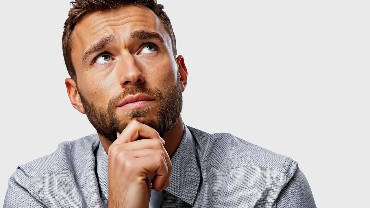A man with a beard looking up with his hand on his chin