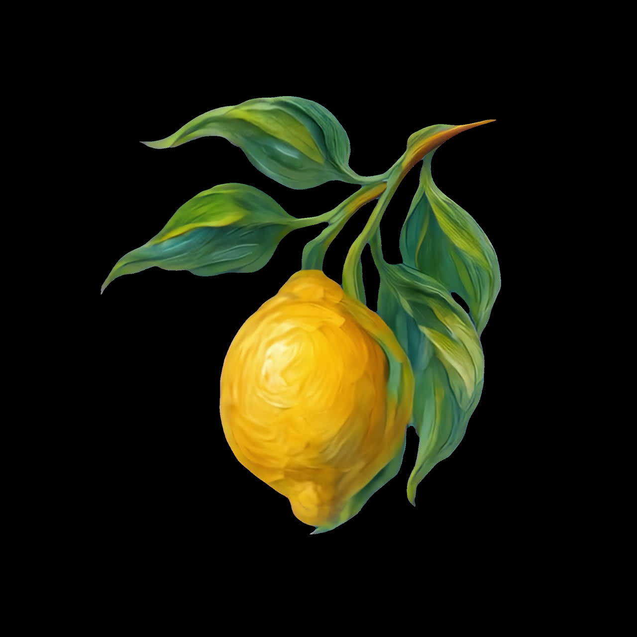 Vibrant lemon with green leaves animation isolated asset, transparent 4K video, alpha channel