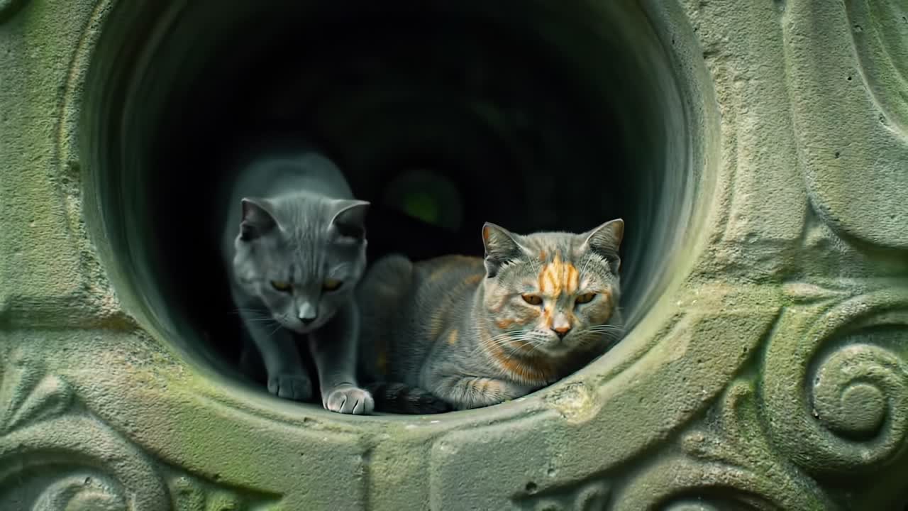 Two Cats Relaxing Together Inside a Circular Structure, Illustrating Their Comfort and Connection in a Subtle Natural Environment