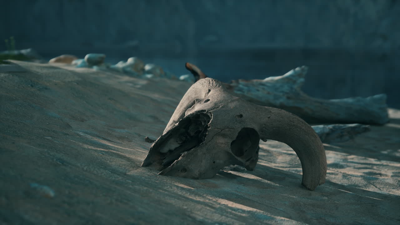 крупный план коровьего черепа на песчаной земле