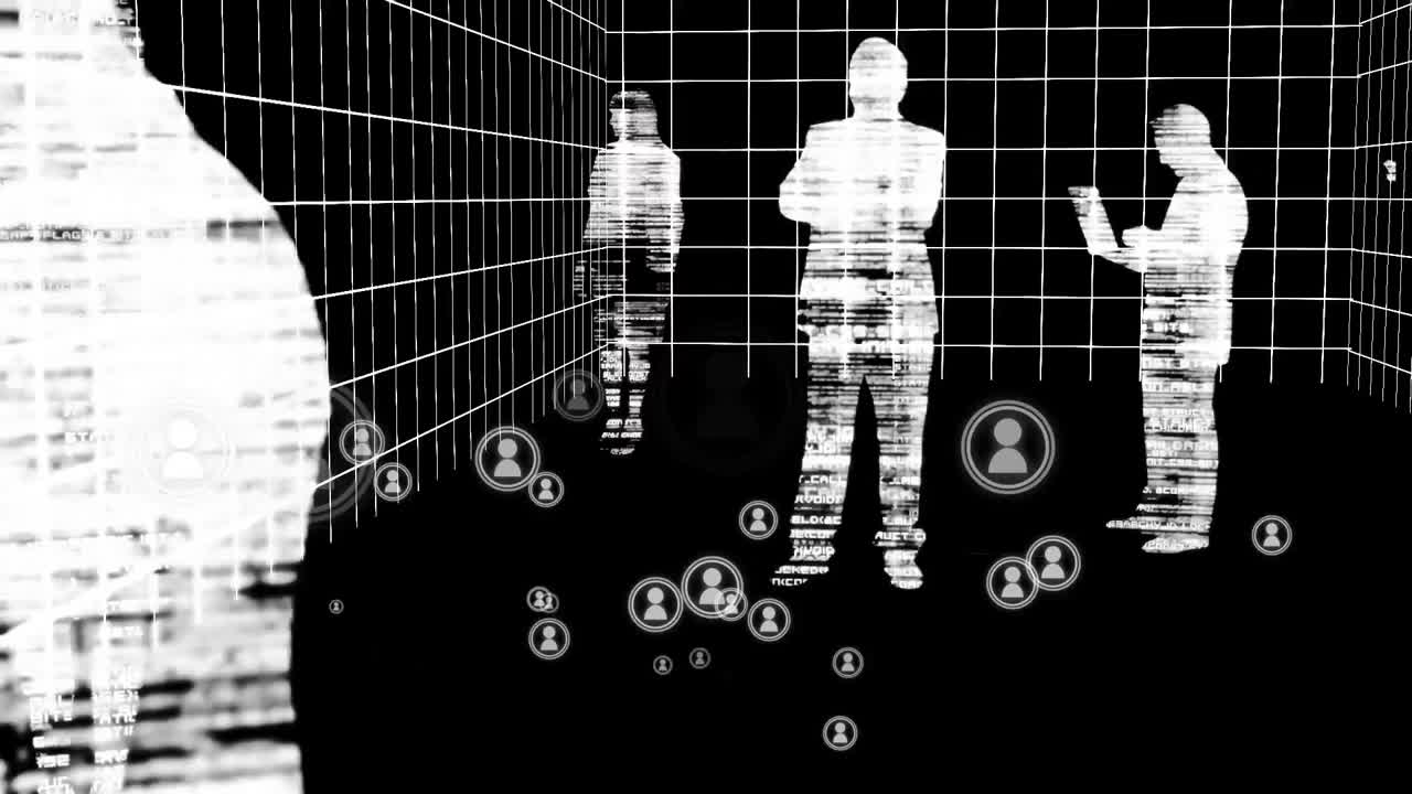 검은색 배경의 아이콘 위에 사업가들의 실루 ⁇ 의 애니메이션