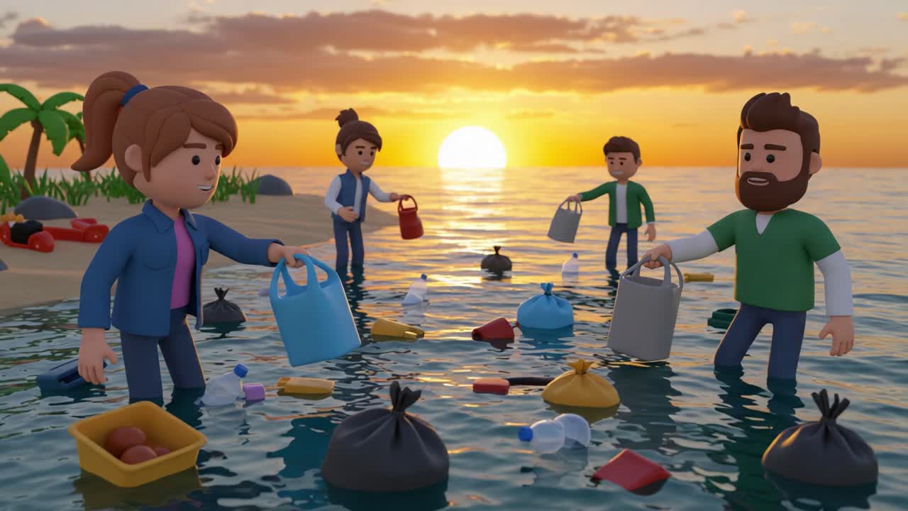 Group of Animated Characters Picking Up Trash from Ocean at Sunset, Promoting Environmental Cleanliness and Community Engagement Around Pollution Clean-Up Efforts