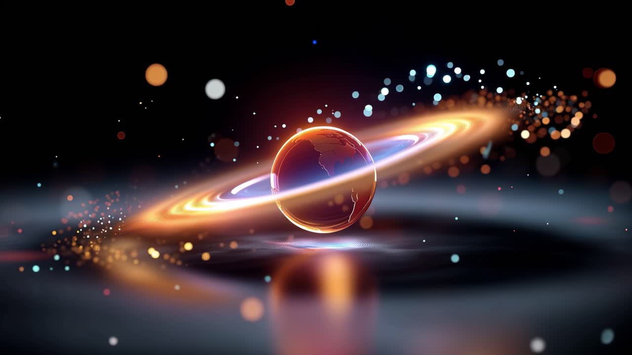 Un pianeta dorato risplende con anelli radiosi. Particelle scintillanti vorticano attorno alla sua orbita. Lo spazio oscuro riflette la sua presenza luminosa. Splendida scena cosmica per fantasy o fantascienza.