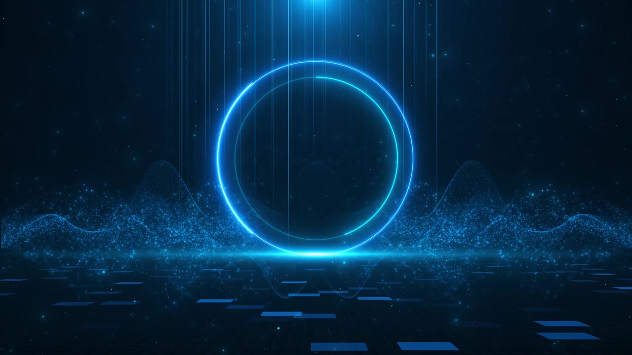 Portale circolare blu luminoso con onde di particelle, linee verticali e pavimento scuro futuristico, perfetto per
