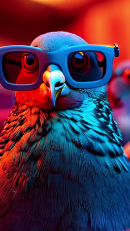 pigeons in sunglasses gathering in colorful setting at night. pigeons wearing sunglasses gather together in a vibrant, colorful location, creating a whimsical and playful atmosphere. vertical video