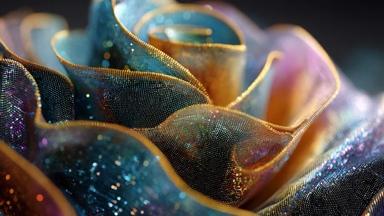 A Stunning Macro Photography of a Vibrantly Colored Fabric Rose with Subtle Glitter and Intricate Petals Captured in Soft Lighting, Showcasing Its Elegant Structure and Beauty