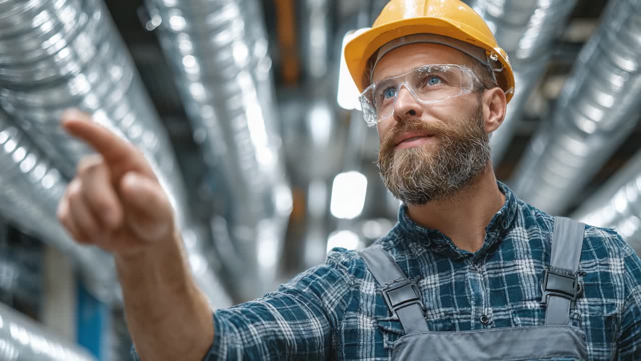 Operaio specializzato nel settore industriale con dispositivi di protezione che indica importanti caratteristiche in uno stabilimento di produzione, dimostrando impegno per la sicurezza e la precisione sul luogo di lavoro