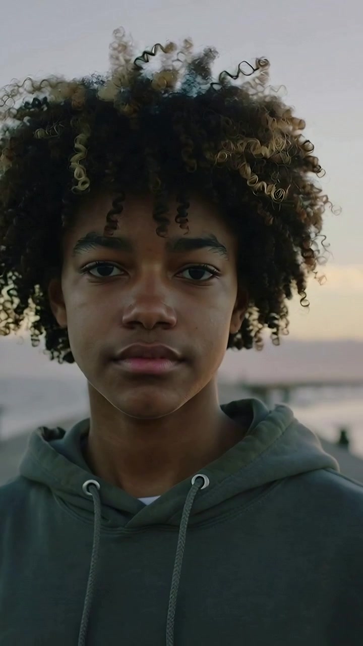 Vertical video: Camera zooming, teen in green hoodie turning to camera, drawstrings visible at pier