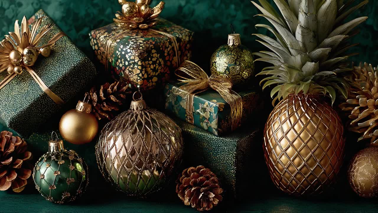A Festive Arrangement of Glamorous Holiday Decorations Featuring Stylish Ornaments, Elegant Pinecones, and Beautifully Wrapped Gifts for a Magical Christmas Celebration