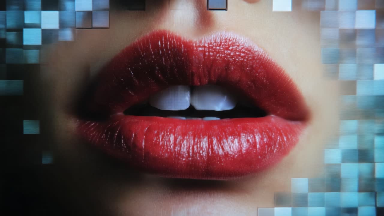 Primo Piano di Labbra Rosse Sensuali Circondate da uno Sfondo Digitalmente Distorto, Evidenziando Bellezza, Texture e l'Interazione tra Realtà e Astrazione
