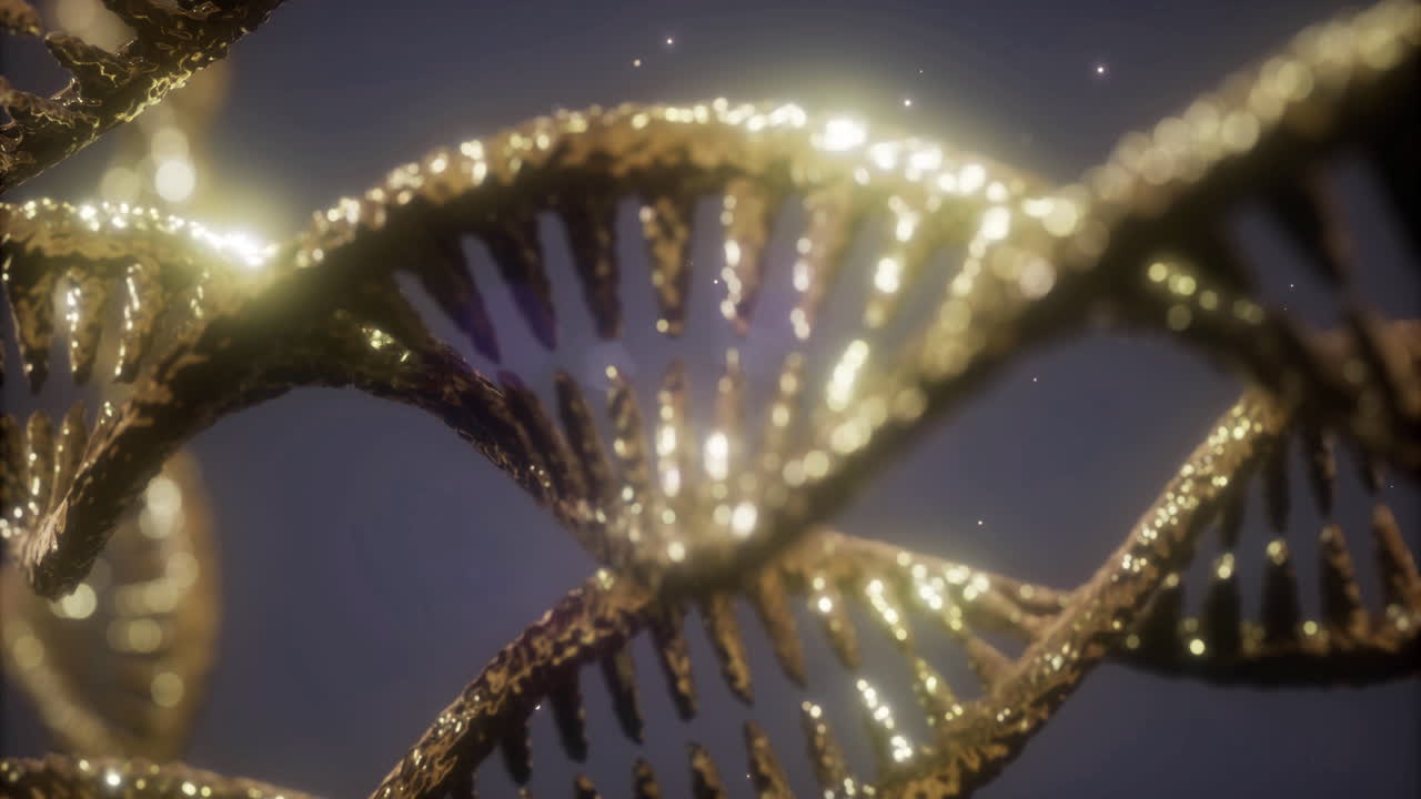 Complesse catene di DNA dorato che scintillano sullo sfondo celeste all'alba