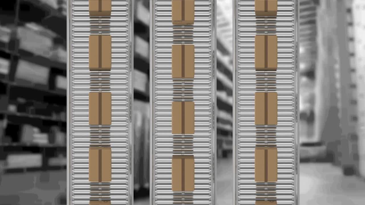 Animation of cardboard boxes moving on conveyor belts over warehouse