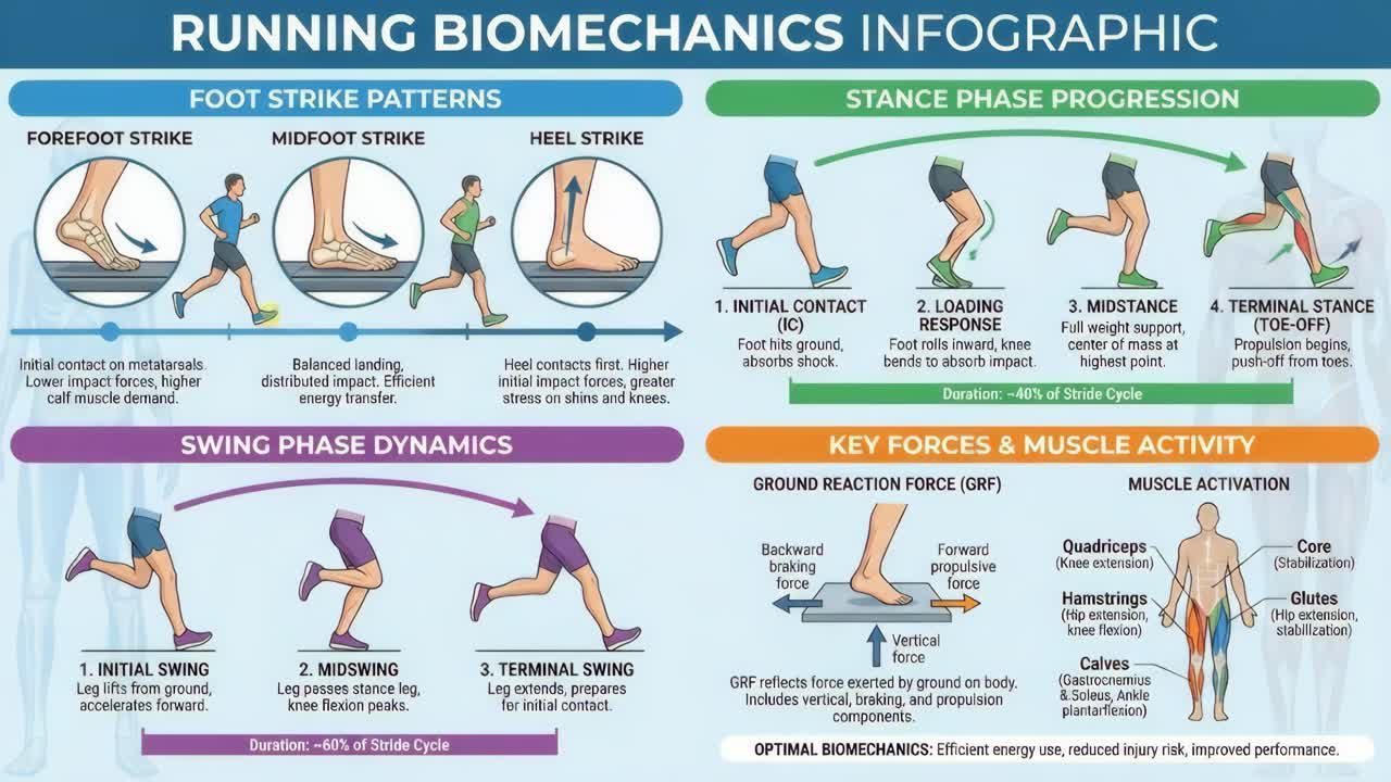 Running Biomechanics Infographic: Foot Strike Patterns, Stance Phase ...