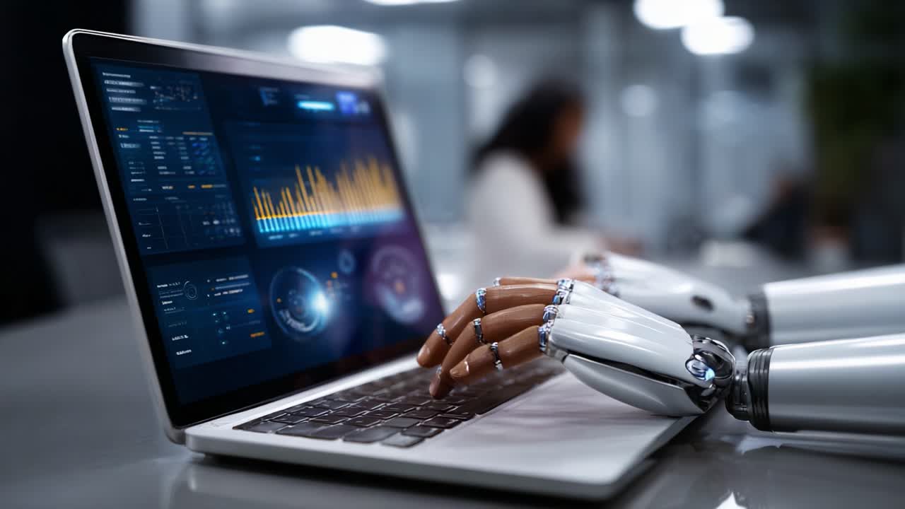 A robotic hand engages with a laptop displaying advanced analytics and data visualization, illustrating the intersection of technology and artificial intelligence