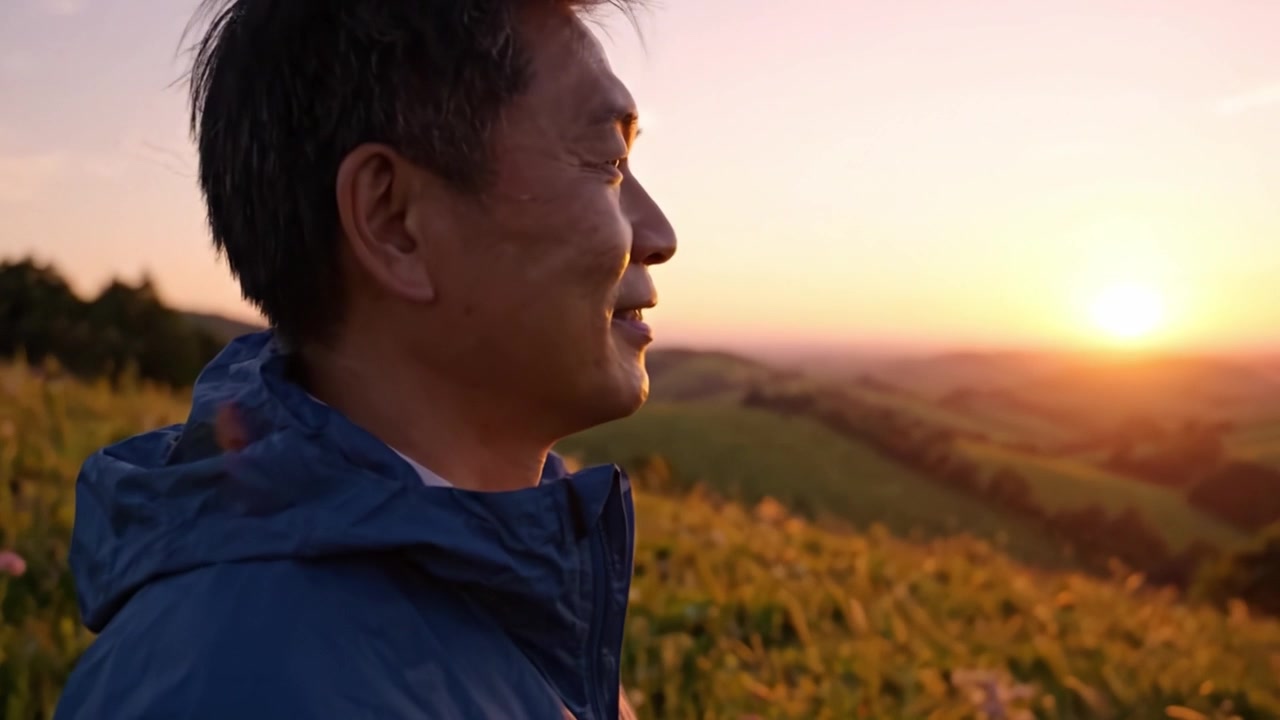 なだらかな丘陵に沈む鮮やかな夕日を背景にシルエットになった男性。静かな安らぎと内省的な思索の中で、自然の美しさを観察する