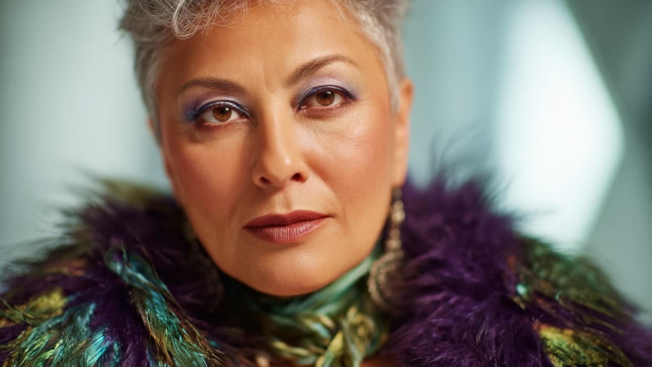 Ritratto accattivante di una donna elegante con capelli corti e accessori colorati in pelliccia, che emana sicurezza ed eleganza in un ambiente con illuminazione soffusa
